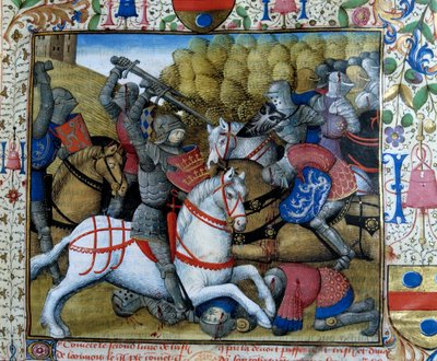 Battle of Knights Miniature fra manuskriptet "" The novel of Tristan"" af Master Charles of Maine af French School
