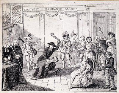 Beaumarchais piskes i Saint Lazare - scene med Beaumarchais, der holder brochuren om Folle journee i hånden - fra ap. maleri af Comedie Francaise, kobberstik af French School