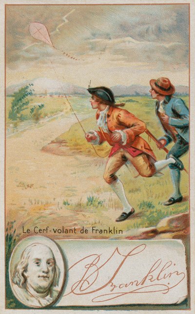 Benjamin Franklin flyver med en drage, som bliver ramt af lynet af French School