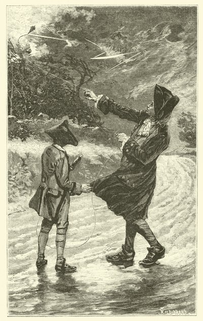 Benjamin Franklin flyver med sin drage (gravering) af French School