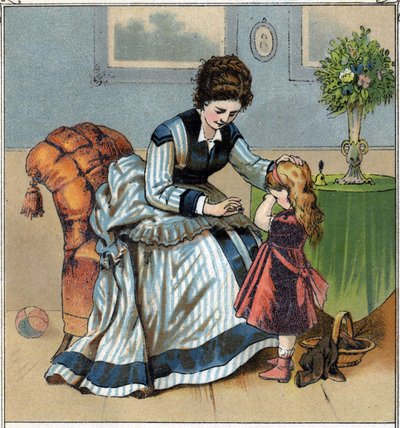 Berthe græder, fordi hun lige har stukket sin finger, mens hun syede. Hendes mor skælder hende ud, fordi hun har glemt at bruge syningen. Kromolitografi taget fra "Scenes enfantines"". udgivet af Guerin - Muller omkring 1885. af French School