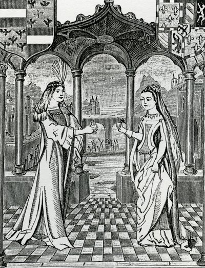Trolovelse af Maximilian I og Mary, hertuginde af Bourgogne i 1477, efter et billede i Chroniques de Flandre af French School