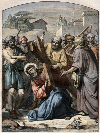 Bibelscene - Korsvejen: Jesus hjælper af Simon af Kyrene (kyrenæeren). Indgravering i "" Le Pelerin"" af 13. september 1896. af French School