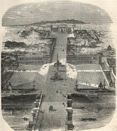 Fuglebillede af Place de la Concorde, rue Royale med kirken Madeleine - Indgravering i "Tableau-de-Paris" af Edmond Texier 1852 af French School