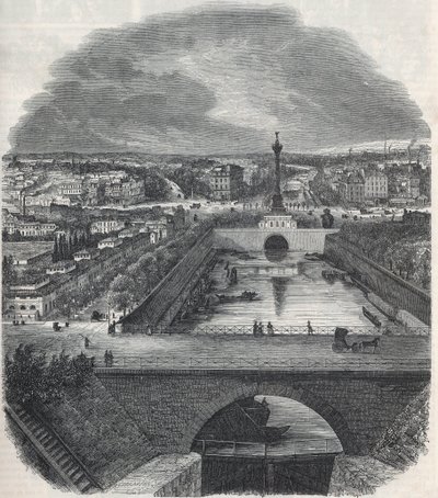 Fugleudsigt over Canal Saint-Martin (Saint Martin), Place og Bastille-distriktet, taget fra højre bred af Seinen - Indgravering i "Tableau-de-Paris" af Edmond Texier 1852 af French School