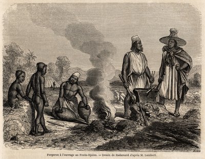 Smed har arbejdet i Fouta Djalon (Senegal), tegning af Hadamard, for at illustrere løjtnant Lamberts rejse til Fouta Djalon i 1860. Indgravering i "" Le tour du monde"" 1861. Selvas samling. af French School