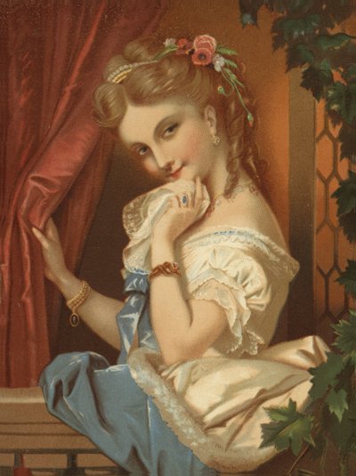Blond pige med forførende smil (chromolitho) af French School