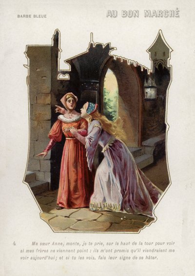 Blåskægs kone fortæller sin søster, Anne, at hun skal klatre op i slottets tårn og passe på sine brødre (chromolitho) af French School