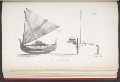 Båd fra Caroline Islands, fra A Picturesque Voyage Round the World, med Portrætter af Vilde fra Amerika, Asien, Afrika og Øerne i Det Store Ocean; landskaber, havudsigt og flere naturhistoriske genstande; sammen med af French School