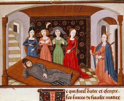 Boece (Boetius) omgiver Filosofi og Muser. Miniature taget fra "The Consolation of Philosophy"" (Consolation of Philosophy) af Boece (eller Anicius Manlius Torquatus Severinus Boetius eller Boethius) oversat af John of Meung (1240-1305). Rouen. Kommunal af French School
