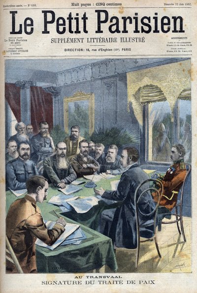 Boer krig. Underskrivelsen af Transvaals fredstraktat mellem boerhøvdinge og den britiske general Horatio Herbert Kitchener (1850-1916) i Pretoria, Sydafrika. Gravering i "" Le Petit Parisien"" af French School