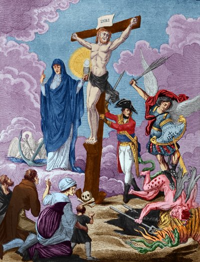 Bonaparte, genopretter af religion og støtter korset, Allegory on the Concordat, 1802 af French School