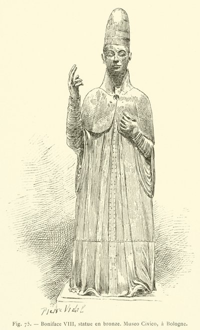 Boniface VIII, bronzestatuer, Museo Civico, Bologne (gravering) af French School