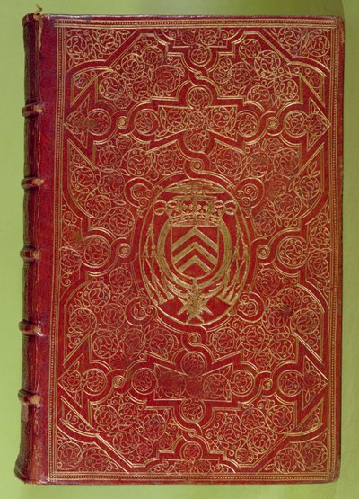 Bogomslag med våbenskjold af Armand-Jean du Plessis, kardinal Richelieu (1585-1642) (rødt læder og guld) af French School