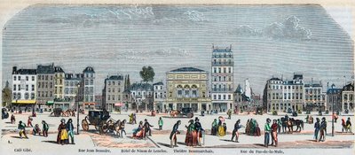 Boulevard Beaumarchais sydside - Cafe Gibe - Hotel de Ninon de Laclos - Teater Beaumarchais - Rue pas de la mule - Indgravering i "Tableau-de-Paris" af Edmond Texier 1852 af French School