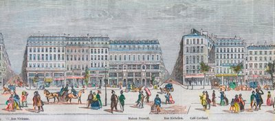 Boulevard Montmartre på sydsiden og boulevard des Italiens på sydsiden - Rue Vivienne - Maison Frascati - Rue Richelieu - Cafe Cardinal - Indgravering i "Tableau-de-Paris" af Edmond Texier 1852 af French School