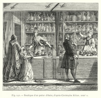 En tin keramikerbutik; efter Christophe Kilian, 1700-tallet (stik) af French School