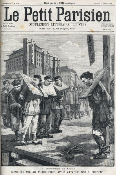 Boxer Revolt i Kina i 1898: Oprør satte i piller for at angribe europæere. Cover af "" Le petit parisien"" fra 1898. af French School