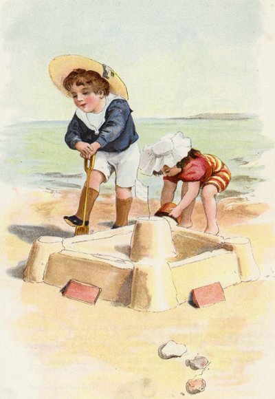Dreng og pige bygger sandslotte af French School