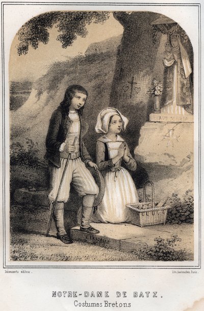 Bretonske kostumer - Notre-Dame de Batz - indgravering i "THE SOURIES OF MY ONCLE MEMORIES AND TRAVEL RECITTS" af MORING MICHEL - Slutningen af ​​det 19. århundrede af French School