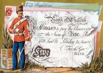 Britisk hærsoldat bevogter en Bank of England Five Pound-seddel, 1886-95 af French School