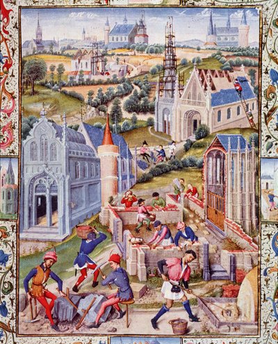 Byggepladser i Saint Denis (by) til opførelsen af 12 kirker til ære for de 12 apotrer. Miniature taget fra "Livet af Tres Noble Count Gerard de Roussillon" af French School