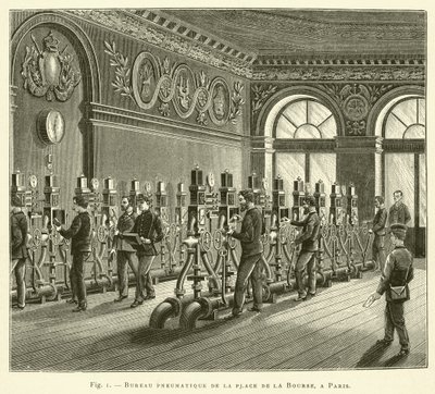 Pneumatisk kontor på Place de la Bourse, i Paris (gravering) af French School