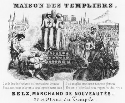 Afbrænding af tempelriddere, seddeloverskrift på en gardinbutik, Maison des Templiers, Belz, rue du Temple, Paris, ca. 1840 af French School