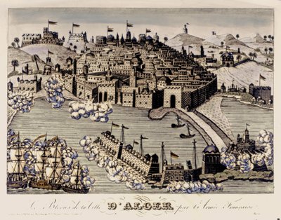 KOLONIALISME: Den franske hærs blokade af byen Algier. 1830 (farvestik) af French School
