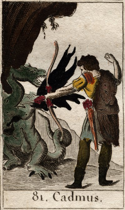 Cadmos (Kadmos eller Cadmus) dræber dragen (Cadmus kæmper mod dragen). Fra "Mythology of Youth" af Pierre Blanchard 1803. af French School