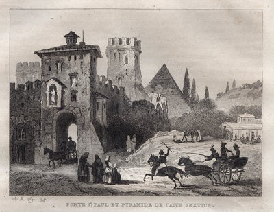 Caius Cestus-pyramiden og St. Paul-porten i Rom Porte Saint Paul og Caius Sextus-pyramiden i Rom - Indgravering fra "" Det maleriske Italien"" - Historisk og beskrivende maleri af Italien"" af M. de Norvins, Ch. Nodier 1834-1836. af French School