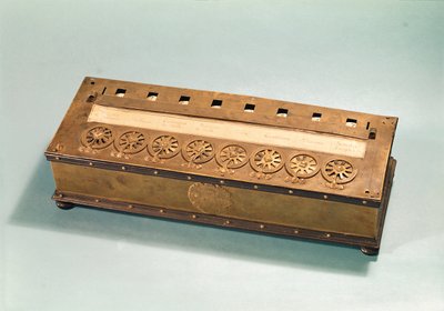 Regnemaskine opfundet af Blaise Pascal (1623-62) (træ og metal) af French School