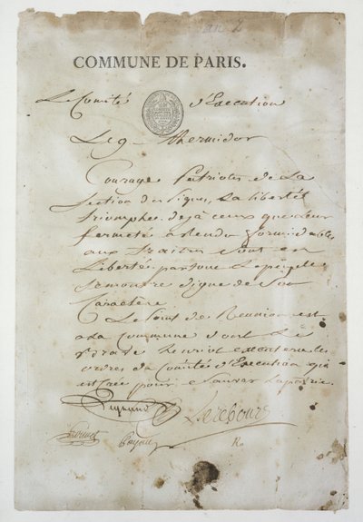 Ring fra Maximilien de Robespierre (1758-94) for at slutte sig til kommunen, 9 Thermidor An 2 (27. juli 1794) (pen og blæk på papir) af French School