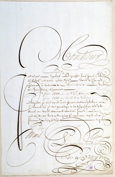 Kalligrafi: Regnskabsbrev kalligraferet omkring 1678 af Francois de Bruyn. af French School
