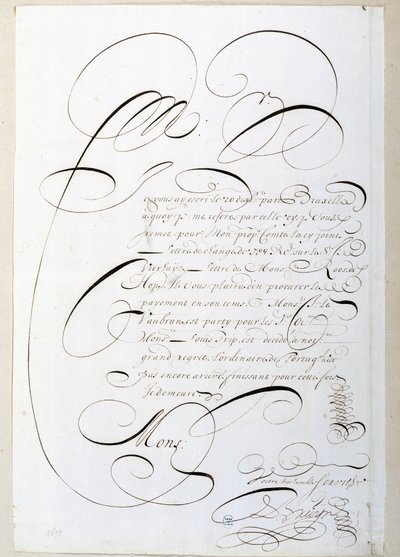 Kalligrafi: Regnskabsbrev kalligraferet omkring 1678 af Francois de Bruyn. Byens historiske bibliotek i Paris af French School