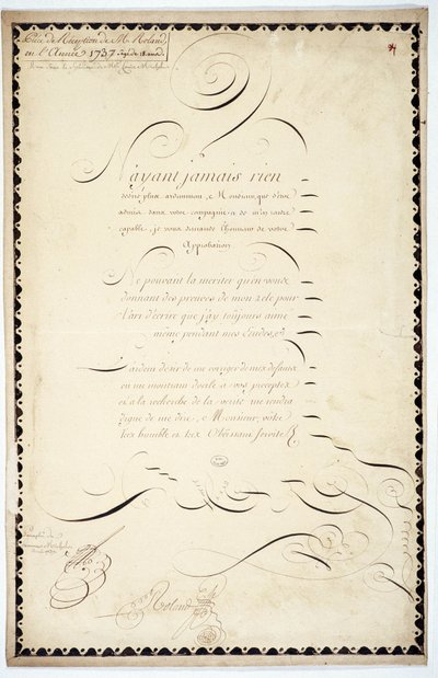 Kalligrafi: Receptionsstykke dateret 1737 af Andre Francois Roland. af French School