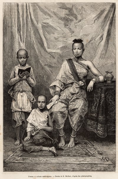 Cambodjansk kvinde og børn, indgravering efter en tegning af D. Maillart, der illustrerer rejsen til Cochinchine, af Doktor Morice, i 1872, udgivet i "" Le tour du monde""" 1875, redigeret af Edouard Charton, Hachette-udgaven, Paris. Selva samling. af French School