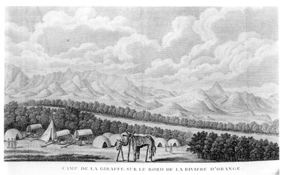 Camp Giraffe ved bredden af Orange-floden, fra bind 2 af Second Voyage dans linterieur de lAfrique af Francois Le Vaillant (1753-1824) udgivet 1796 af French School