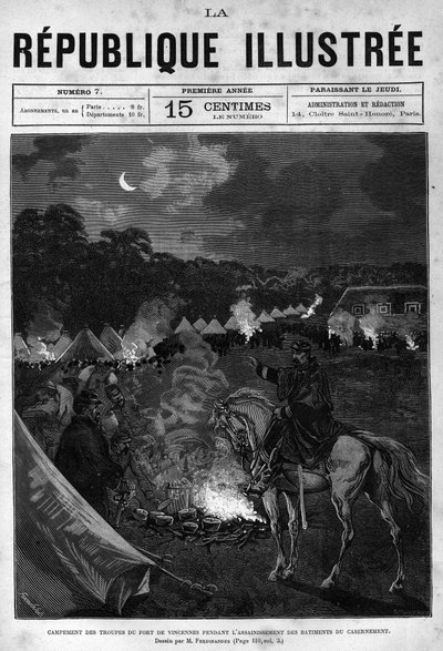 Lejr for tropperne i Fort de Vincennes under oprydningen af kvarterbygningerne. En avis. Indgravering fra 1880 i "La republique illustree"" privatsamling. af French School