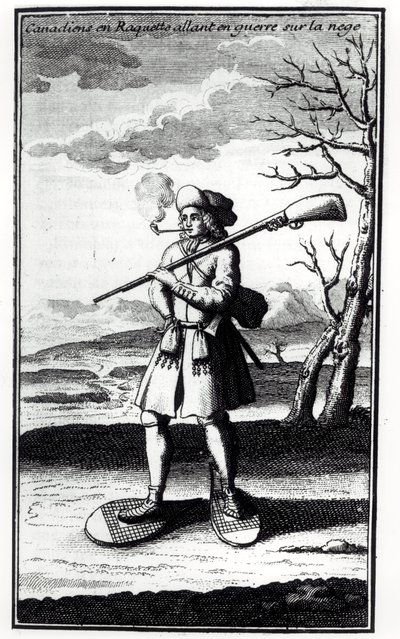 Canadisk med snesko, der går i krig mod sneen, fra Histoire de lAmerique septentrionale af Bacqueville de La Potherie (1663-1736) udgivet i 1753 af French School