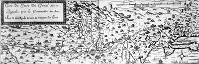Canal du Midi, der forbinder Atlanterhavet med Middelhavet, begynder ved Toulouse og slutter, efter Agde, ved Etang de Thau (bw-foto af 17. århundredes gravering) af French School