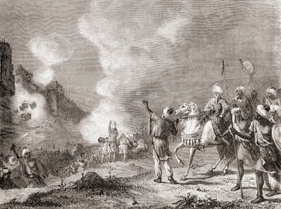 Kanoner brugt som belejringsmaskiner af sultanen Abu Yaqub Yusuf ved belejringen af Sijilmasa, Marokko i 1274, fra Les Merveilles de la Science, udgivet ca. 1870 (kobberstik) af French School
