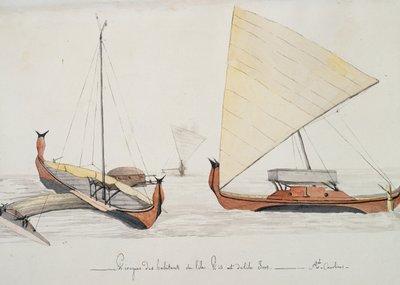 Kanoer af indbyggere på Pis- og Iros-øerne (Caroline-øerne), akvarelmaleri af Jules-Louis Lejeune, fra Duperrey