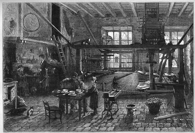 Canut værksted. Interiør af et silkevæverværksted i Lyon under en krise i slutningen af det 19. århundrede. Indgravering i "" Le Monde Illustré"" nr. 1039 af 10. marts 1877. af French School