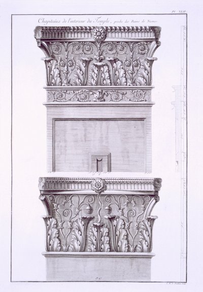 Hovedstæder fra templet nær de romerske bade, Nimes. af French School