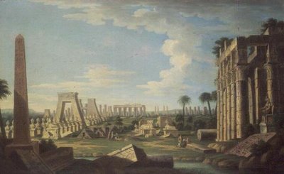 Capriccio med egyptiske ruiner (olie på panel) af French School