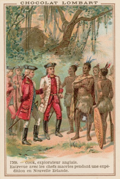 Kaptajn James Cook møde med maorihøvdinge i New Zealand, 1769 af French School