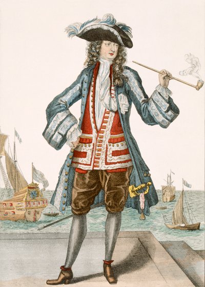 Kaptajn Jean Bart af Dunkerque 88:Le Capitaine Jean Baert de Dunquerque, flådens kaptajn, står og ryger en lang pibe på havnen; Jean Bart (1651-1702), flamsk sømand m af French School
