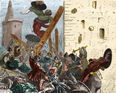 Tilfangetagelse af Carcassonne under korstoget mod Albigeers i august 1209. Indgravering i "" Histoire De France En Cent malerier af Paul Lehugeur "" 1891 af French School