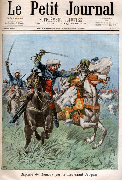 Tilfangetagelse af Samory Toure (ca. 1830-1900), sudanesisk leder og modstander af fransk kolonisering i Afrika, af kaptajn Gouraud og løjtnant Jacquin. Sudan af French School